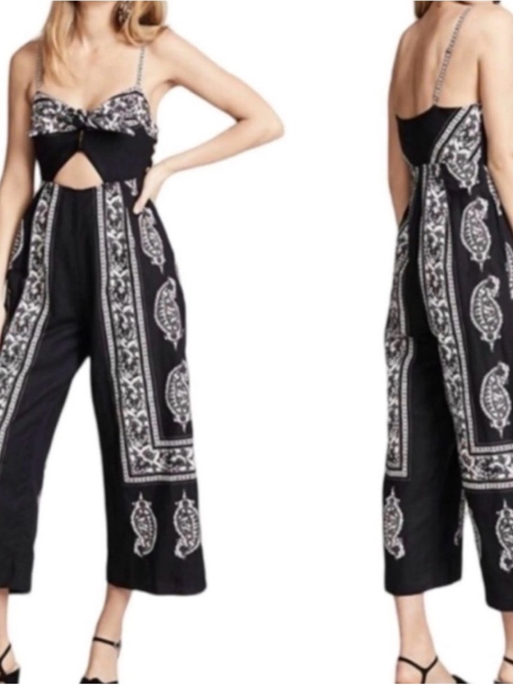 Free People Black Paisley Cutout Wide Leg Jumpsuit Size 6